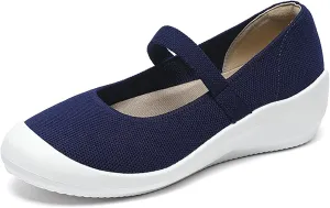 Women'S Knitted Platform Orthopedic Walking Mary Janes with Elastic Band Comfortable Breathable Lightweight Wedge Arch Support Sneakers Casual Soft Sole Nurse Mom Work Shoes