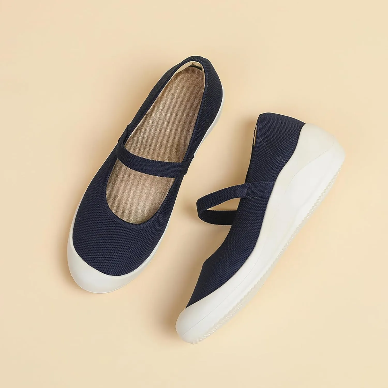 Women'S Knitted Platform Orthopedic Walking Mary Janes with Elastic Band Comfortable Breathable Lightweight Wedge Arch Support Sneakers Casual Soft Sole Nurse Mom Work Shoes