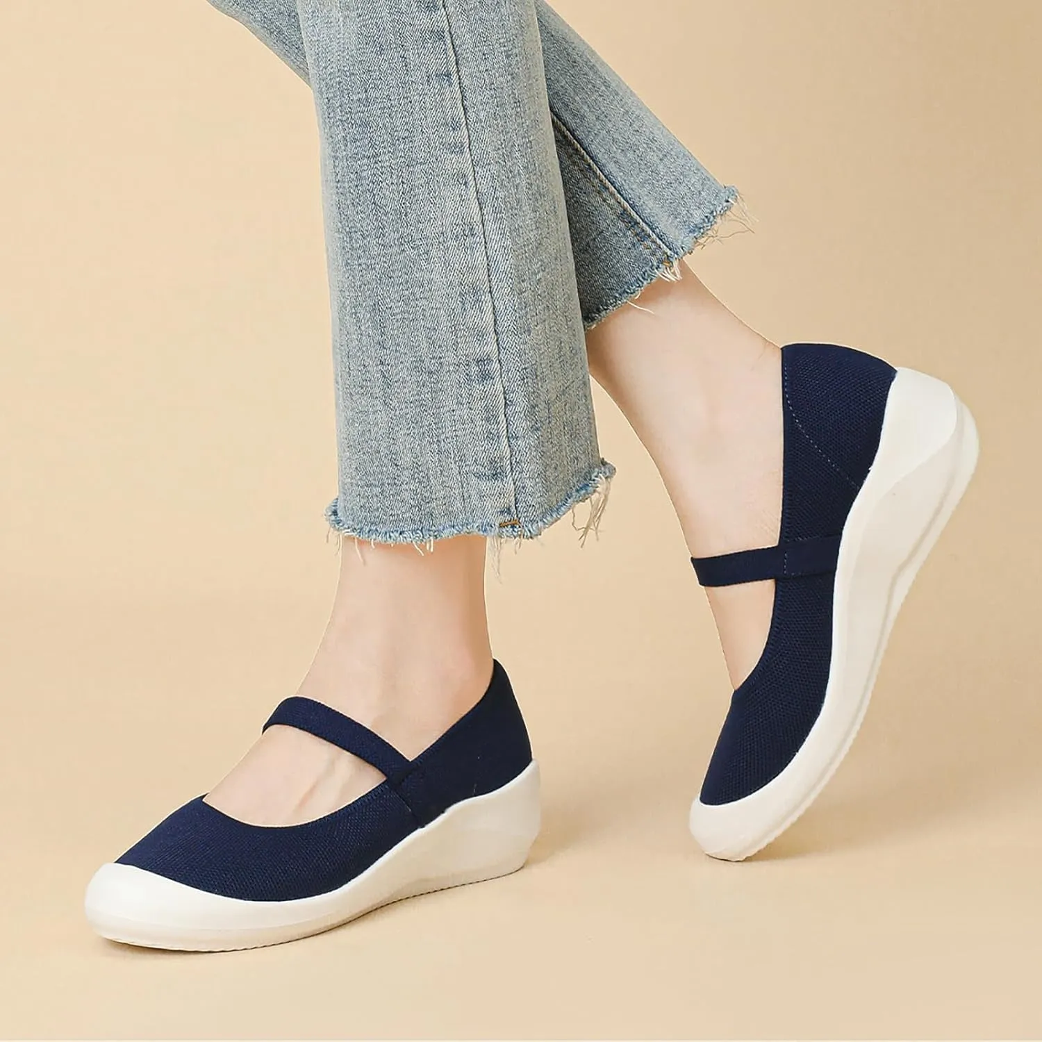 Women'S Knitted Platform Orthopedic Walking Mary Janes with Elastic Band Comfortable Breathable Lightweight Wedge Arch Support Sneakers Casual Soft Sole Nurse Mom Work Shoes