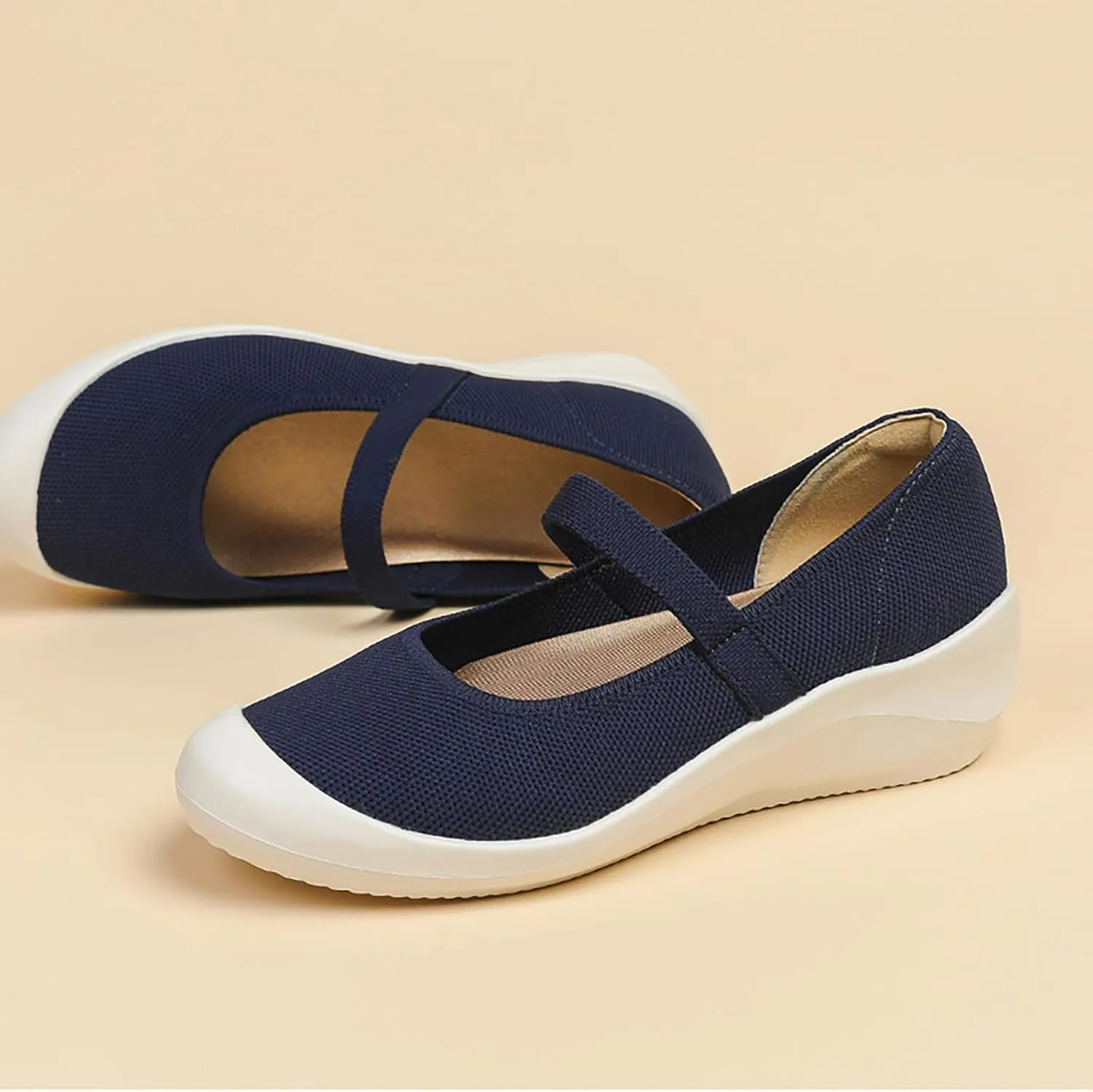 Women'S Knitted Platform Orthopedic Walking Mary Janes with Elastic Band Comfortable Breathable Lightweight Wedge Arch Support Sneakers Casual Soft Sole Nurse Mom Work Shoes