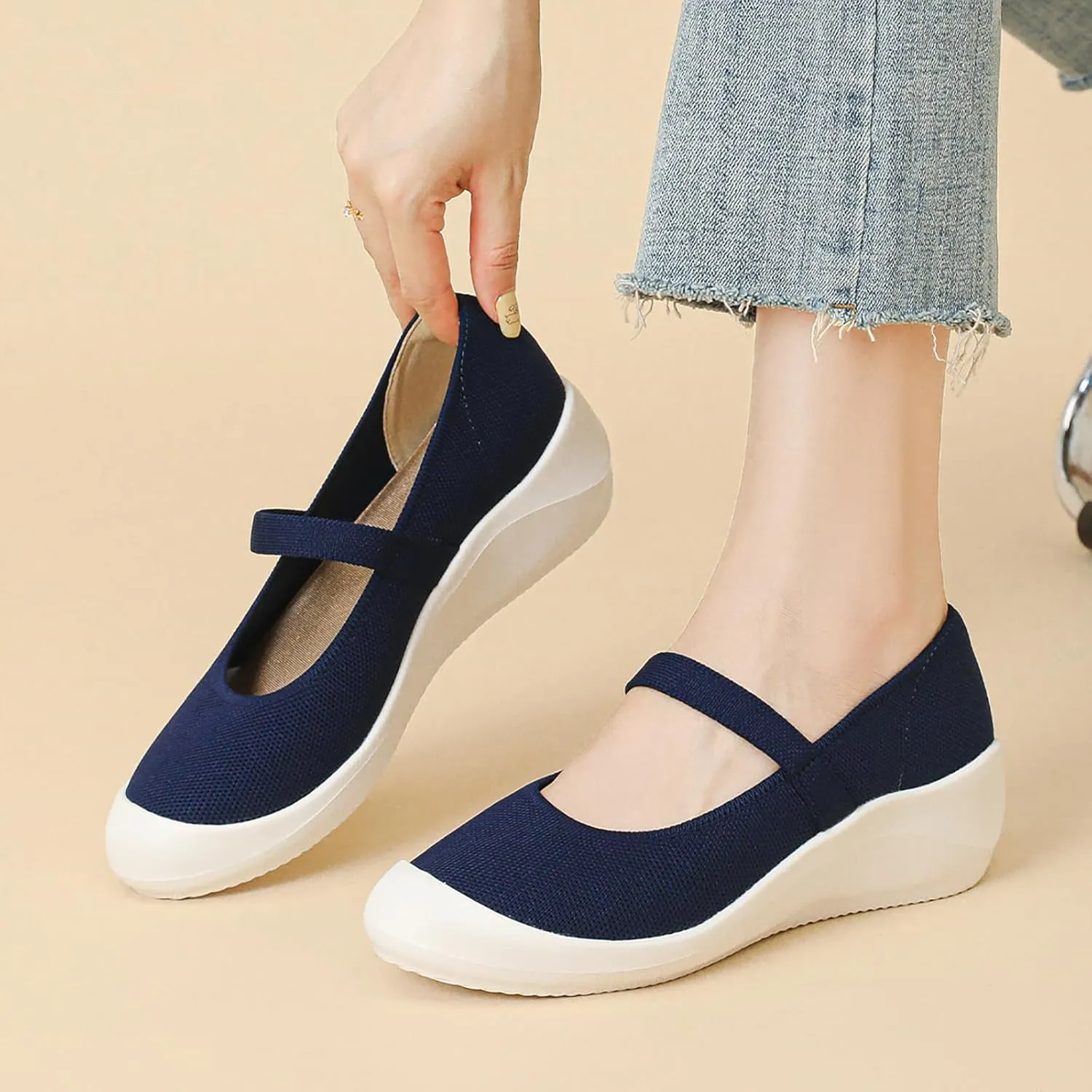 Women'S Knitted Platform Orthopedic Walking Mary Janes with Elastic Band Comfortable Breathable Lightweight Wedge Arch Support Sneakers Casual Soft Sole Nurse Mom Work Shoes