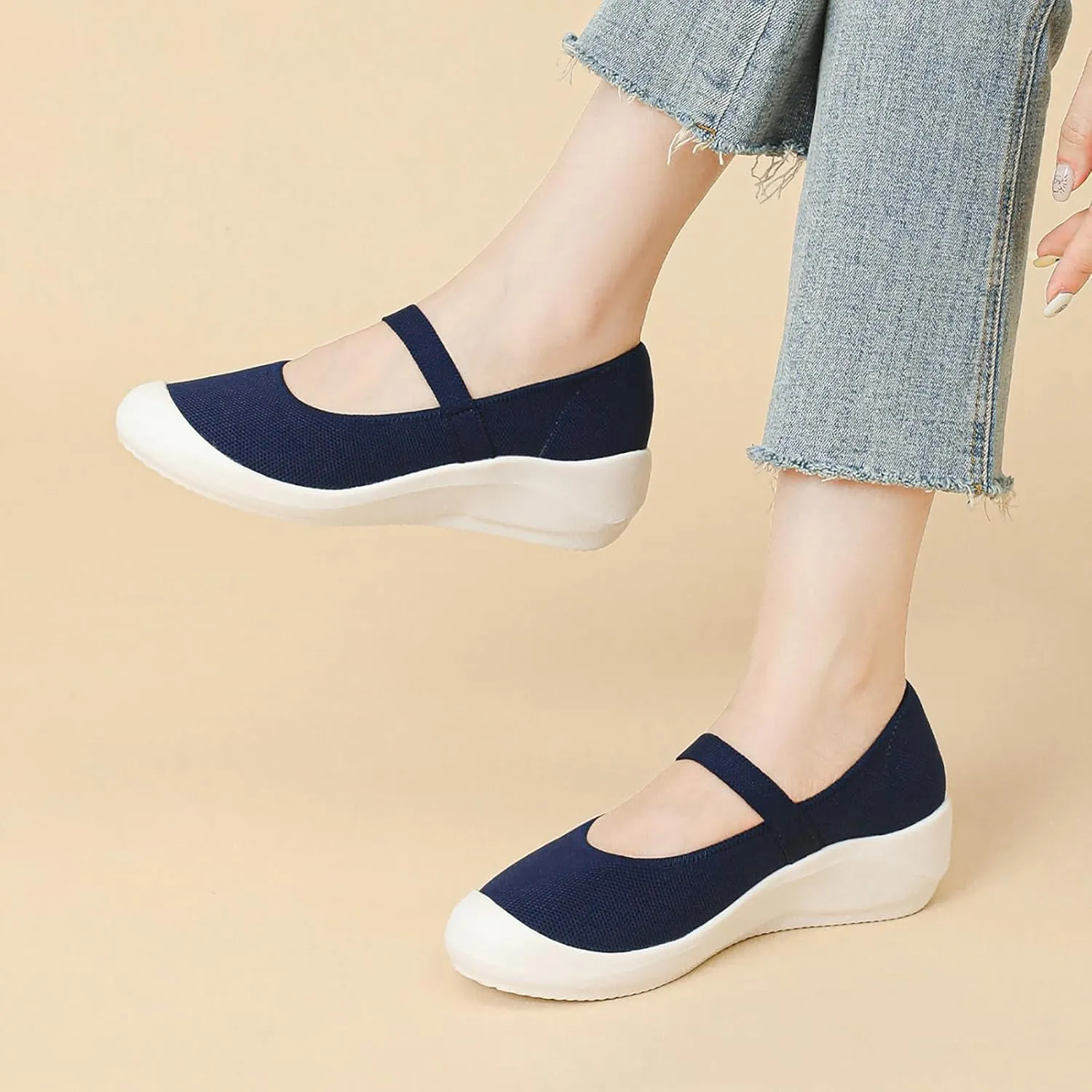 Women'S Knitted Platform Orthopedic Walking Mary Janes with Elastic Band Comfortable Breathable Lightweight Wedge Arch Support Sneakers Casual Soft Sole Nurse Mom Work Shoes