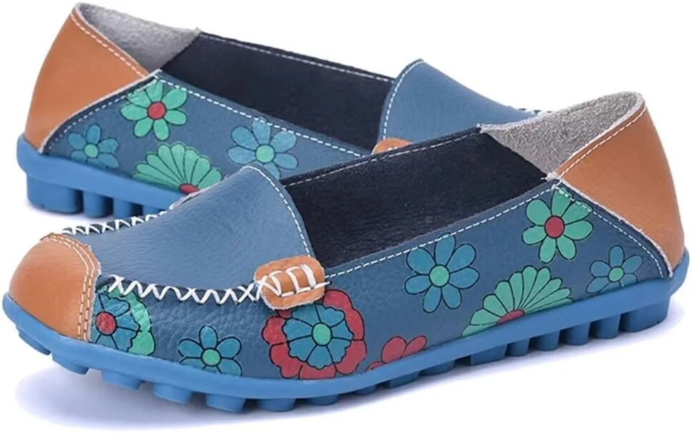 Women's Leather Floral Loafers Flats Shoes Slip-Ons
