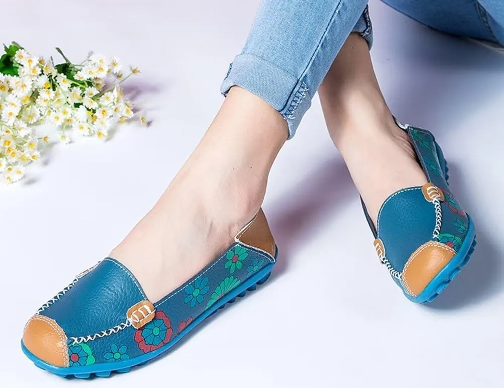 Women's Leather Floral Loafers Flats Shoes Slip-Ons