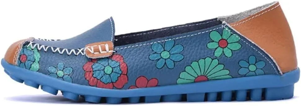 Women's Leather Floral Loafers Flats Shoes Slip-Ons