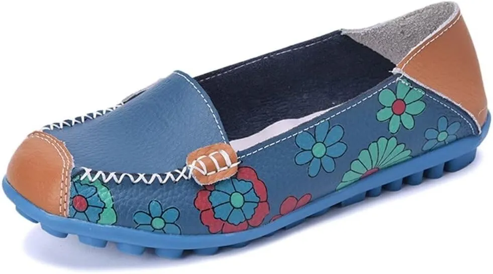 Women's Leather Floral Loafers Flats Shoes Slip-Ons