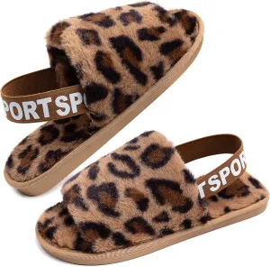 Womens Leopard Fuzzy Slippers Soft Plush Open Toe Faux Fur House Slide Sandals Indoor Spa Bedroom Flat Shoes with Elastic Strap