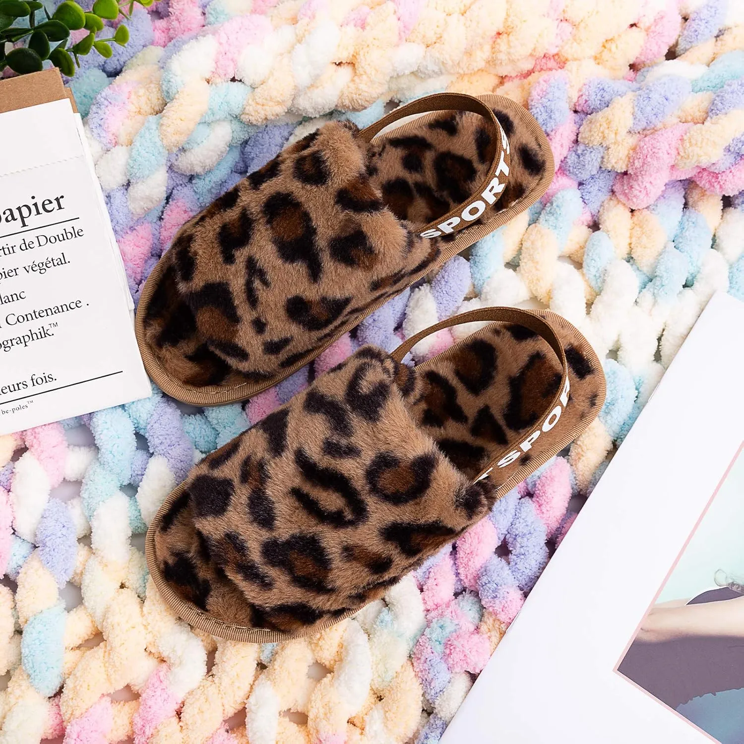Womens Leopard Fuzzy Slippers Soft Plush Open Toe Faux Fur House Slide Sandals Indoor Spa Bedroom Flat Shoes with Elastic Strap