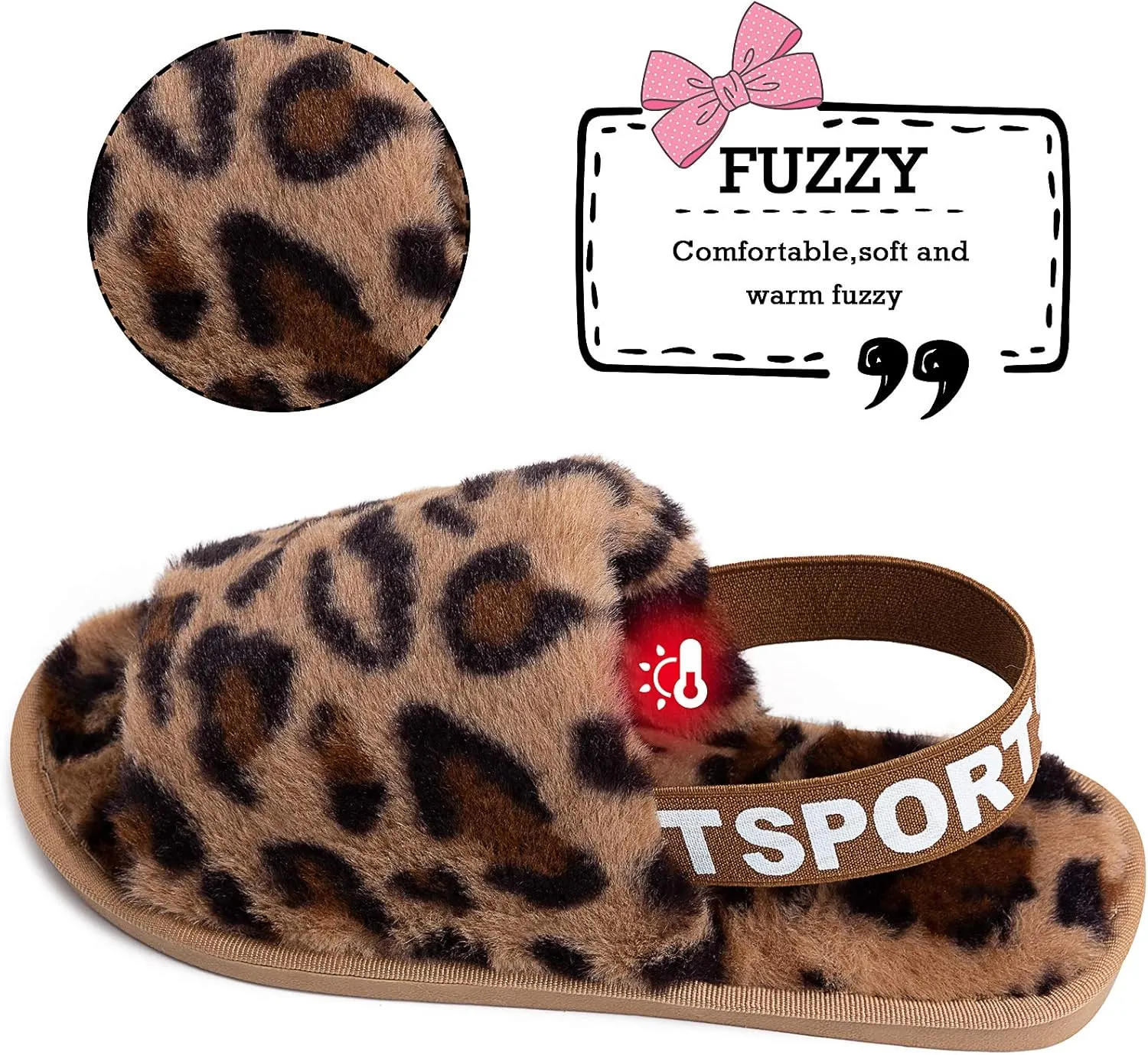 Womens Leopard Fuzzy Slippers Soft Plush Open Toe Faux Fur House Slide Sandals Indoor Spa Bedroom Flat Shoes with Elastic Strap