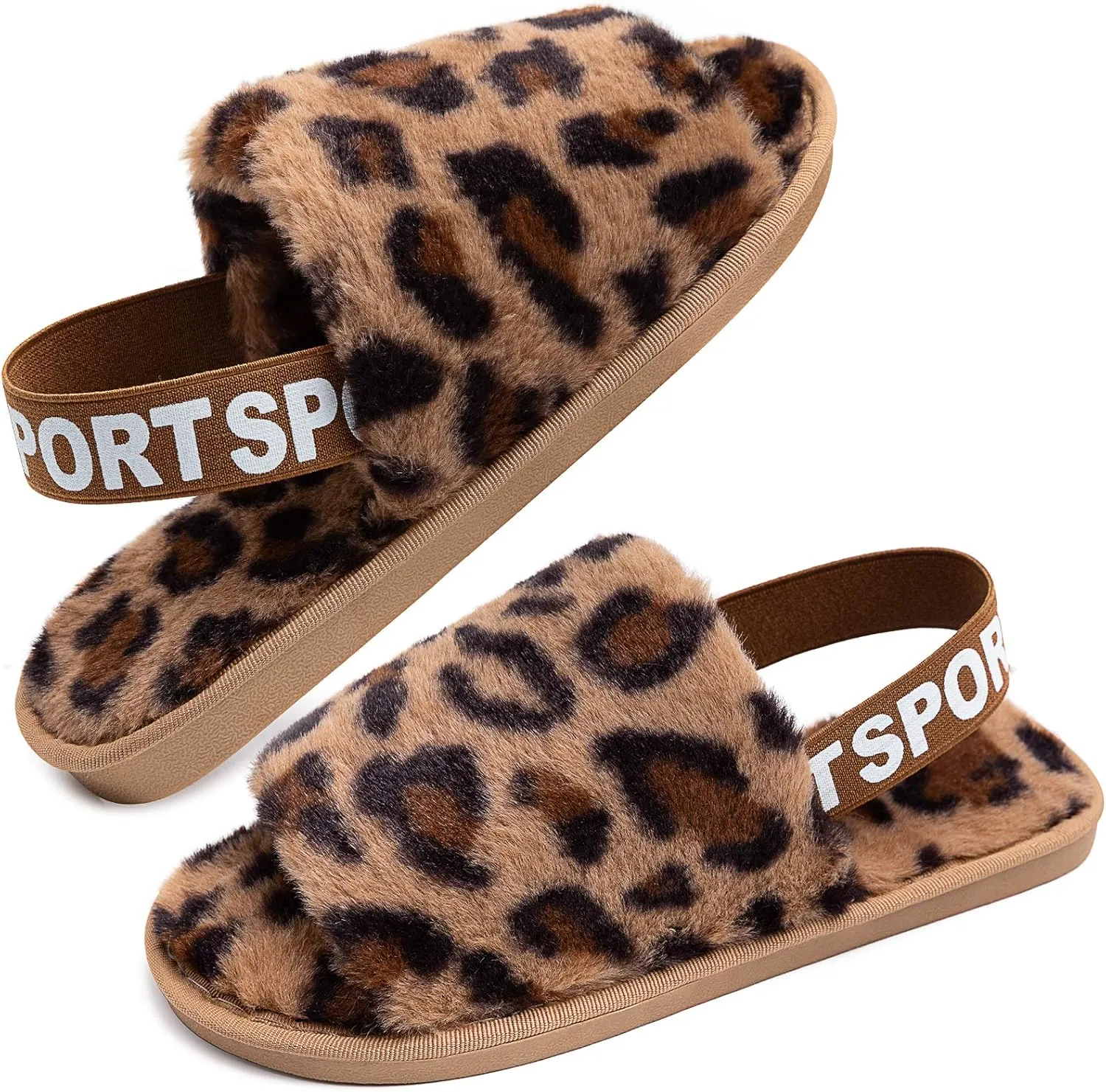 Womens Leopard Fuzzy Slippers Soft Plush Open Toe Faux Fur House Slide Sandals Indoor Spa Bedroom Flat Shoes with Elastic Strap