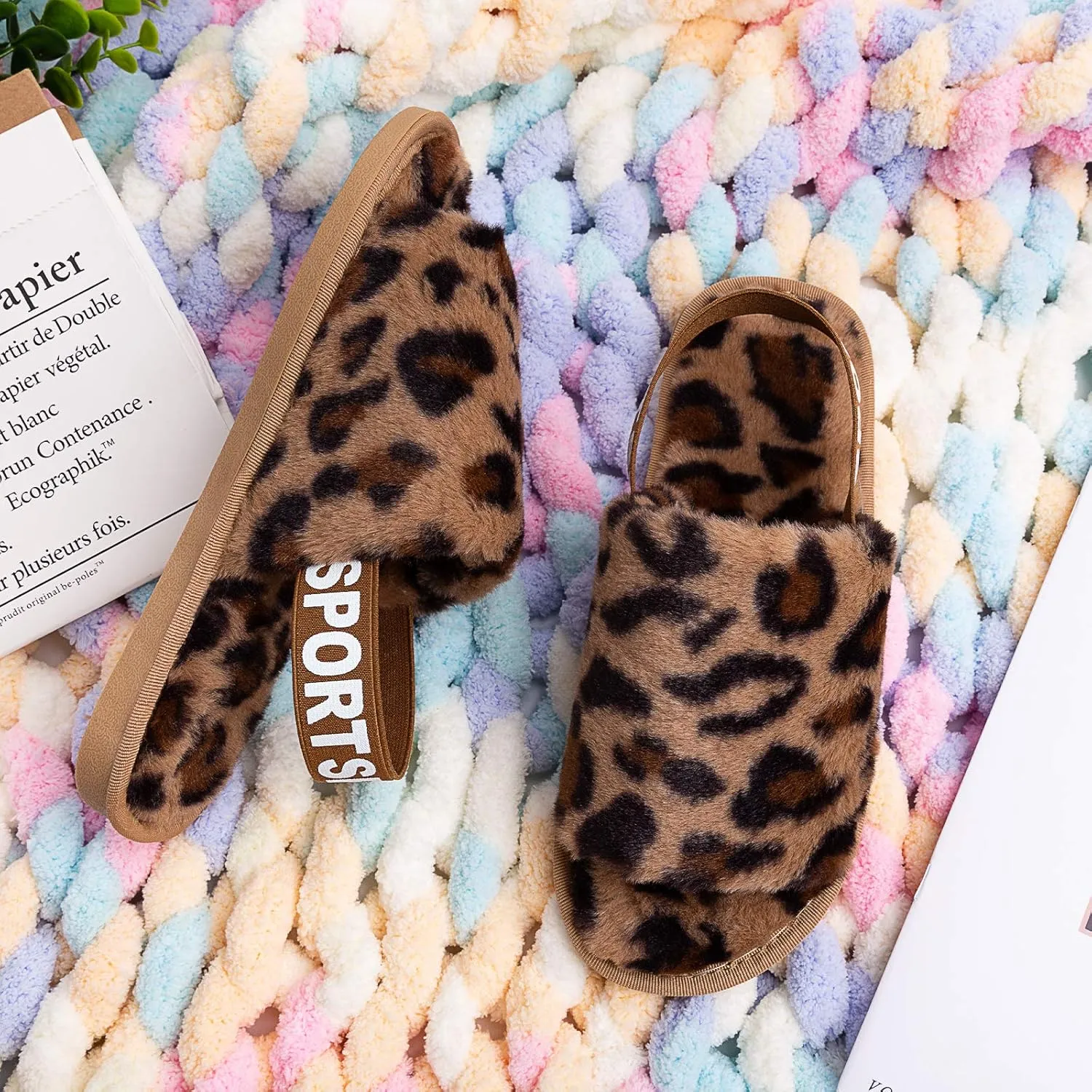 Womens Leopard Fuzzy Slippers Soft Plush Open Toe Faux Fur House Slide Sandals Indoor Spa Bedroom Flat Shoes with Elastic Strap