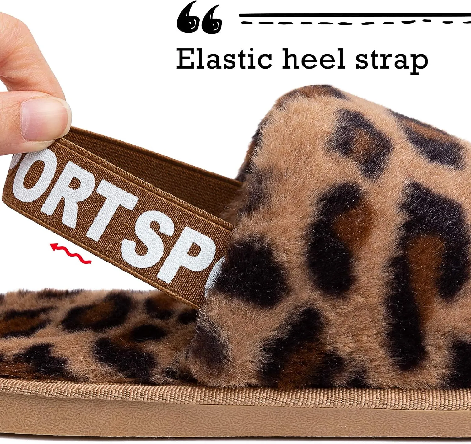 Womens Leopard Fuzzy Slippers Soft Plush Open Toe Faux Fur House Slide Sandals Indoor Spa Bedroom Flat Shoes with Elastic Strap