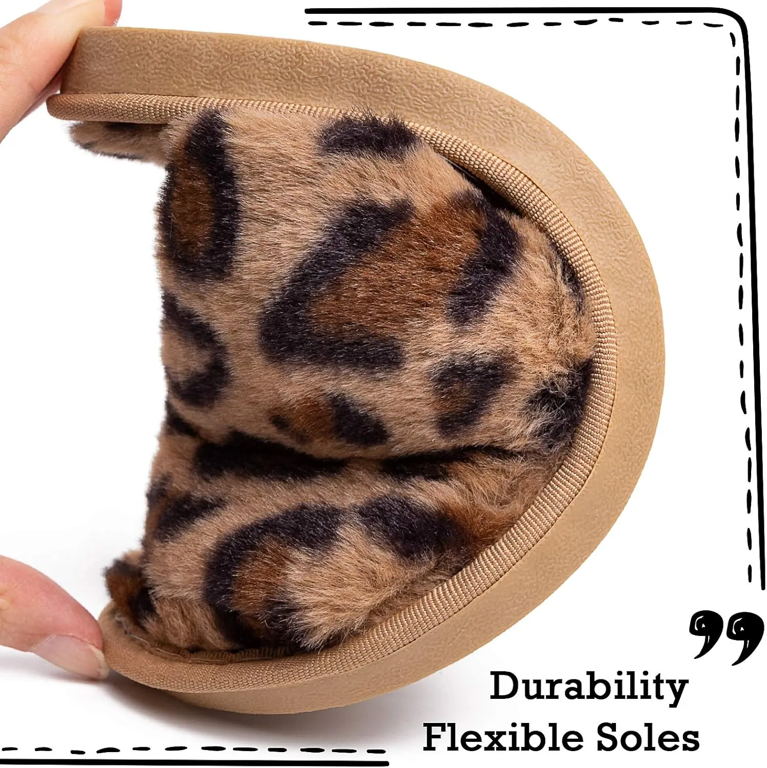 Womens Leopard Fuzzy Slippers Soft Plush Open Toe Faux Fur House Slide Sandals Indoor Spa Bedroom Flat Shoes with Elastic Strap