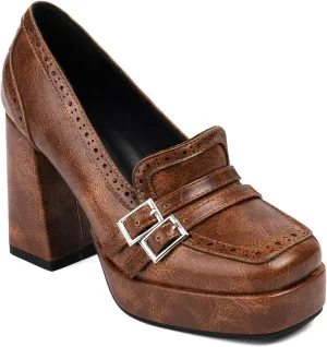 Women's Retro Square Toe Chunky High Heel Brogue Loafers Vintage Carving Comfortable Slip On Platform Block High Heel Pumps Dress Shoes for Uniform Goth Y2k