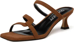 Womens Slide Sandals, Square Open Toe Low Heels Sandals, Fashion Solid Faux Suede Heeled Sandals for Women