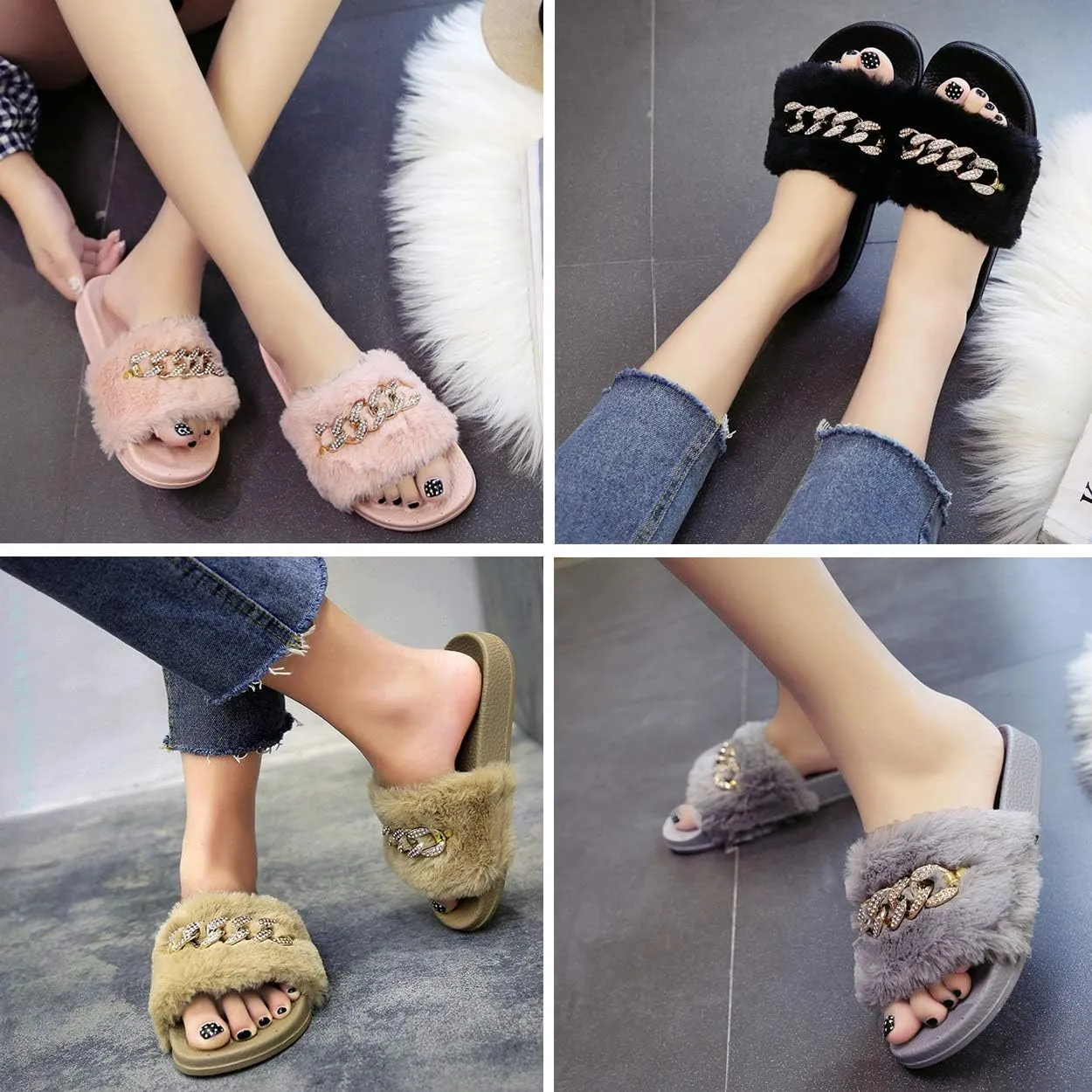 xsby Women's Soft Faux Fur Flat Slide Sandals Comfortable Slipper