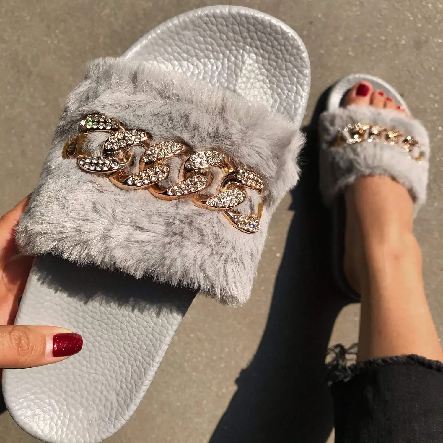 xsby Women's Soft Faux Fur Flat Slide Sandals Comfortable Slipper