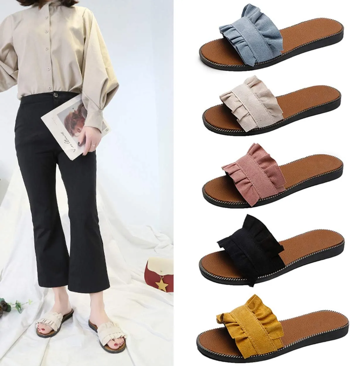 xsby Womens Soft Open Toe Slip on Flat Slide Sandals