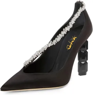 XYD Women Crystal Block High Heels Closed Pointed Toe Bejeweled Strap Satin Pumps for Wedding Evening Party