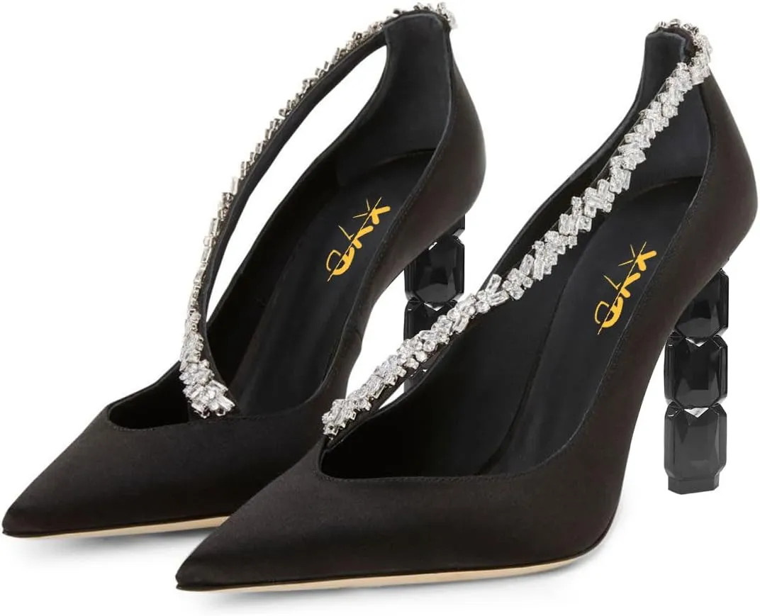 XYD Women Crystal Block High Heels Closed Pointed Toe Bejeweled Strap Satin Pumps for Wedding Evening Party