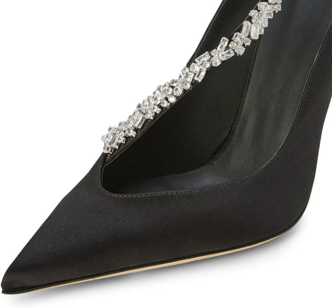 XYD Women Crystal Block High Heels Closed Pointed Toe Bejeweled Strap Satin Pumps for Wedding Evening Party
