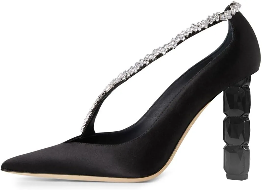 XYD Women Crystal Block High Heels Closed Pointed Toe Bejeweled Strap Satin Pumps for Wedding Evening Party