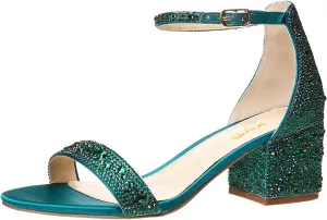 XYD Women Open Toe Studded Rhinestone Low Block Heel Bejeweled Sandal Pumps Ankle Strap Buckled Sparkling Wedding Bridal Dress Evening Shoes