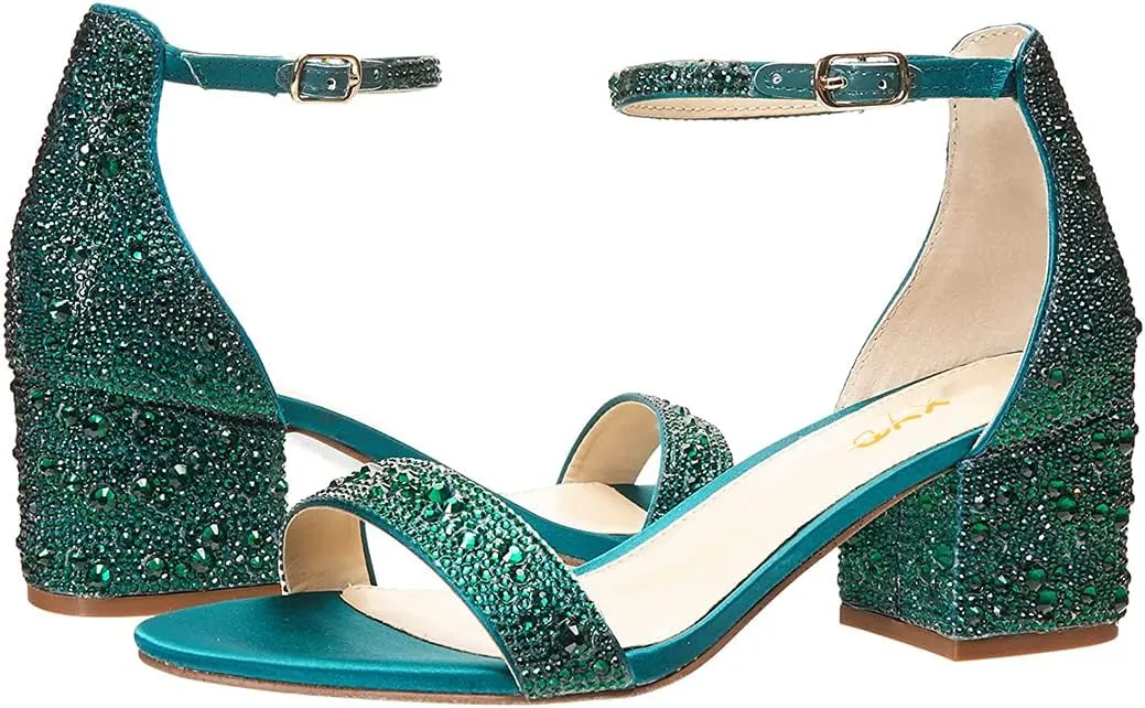 XYD Women Open Toe Studded Rhinestone Low Block Heel Bejeweled Sandal Pumps Ankle Strap Buckled Sparkling Wedding Bridal Dress Evening Shoes