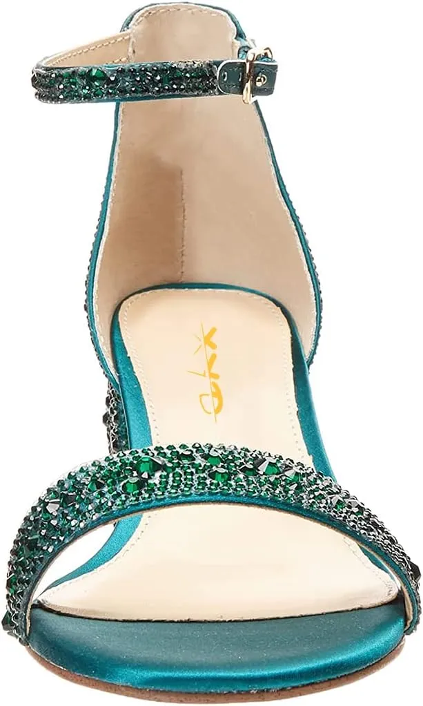 XYD Women Open Toe Studded Rhinestone Low Block Heel Bejeweled Sandal Pumps Ankle Strap Buckled Sparkling Wedding Bridal Dress Evening Shoes