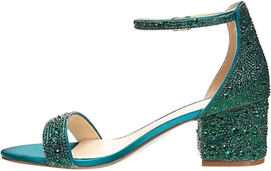 XYD Women Open Toe Studded Rhinestone Low Block Heel Bejeweled Sandal Pumps Ankle Strap Buckled Sparkling Wedding Bridal Dress Evening Shoes