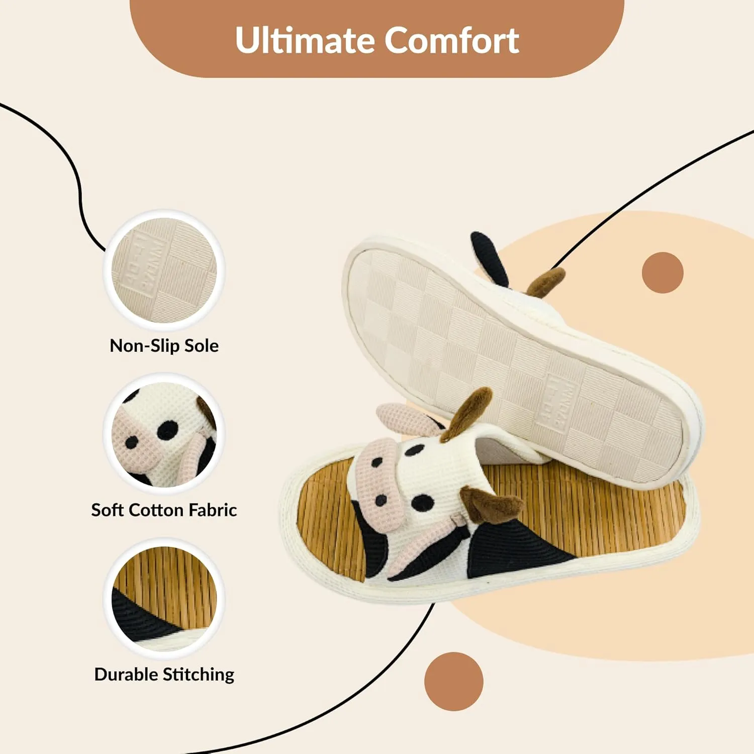 zenley - Cow Bamboo Slippers with Non-Slip Sole Women and Men Indoor, Organic Soft Cotton Cartoon Animal Slippers