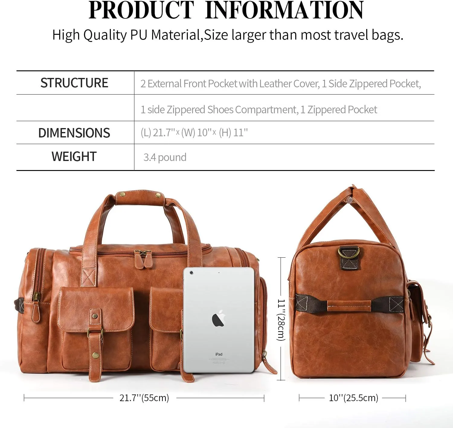 Zeroway PU Leather Travel Duffel Bag with Shoe Pouch Large Carry on Bag Waterproof Weekender Overnight Bag for Men Women Brown