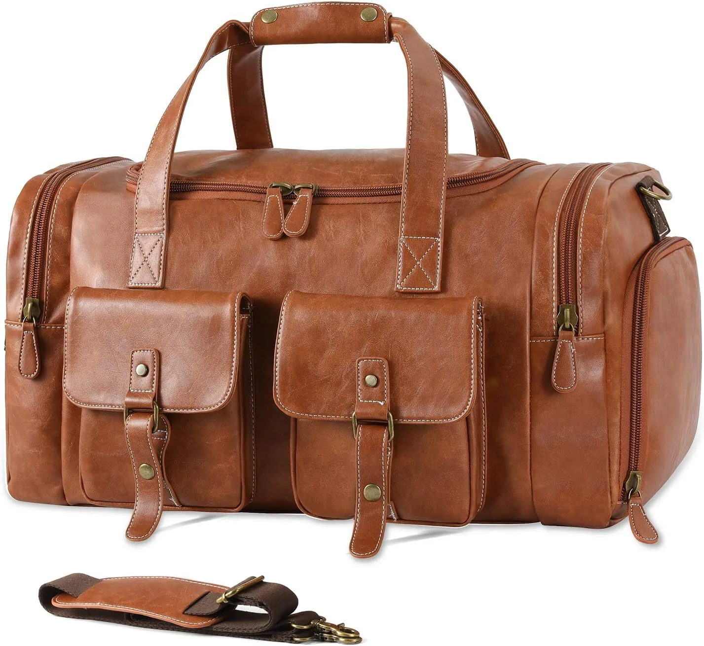 Zeroway PU Leather Travel Duffel Bag with Shoe Pouch Large Carry on Bag Waterproof Weekender Overnight Bag for Men Women Brown