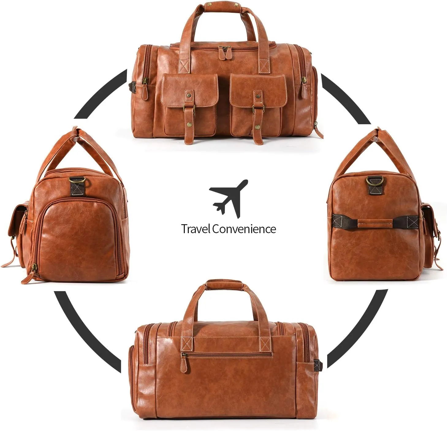 Zeroway PU Leather Travel Duffel Bag with Shoe Pouch Large Carry on Bag Waterproof Weekender Overnight Bag for Men Women Brown